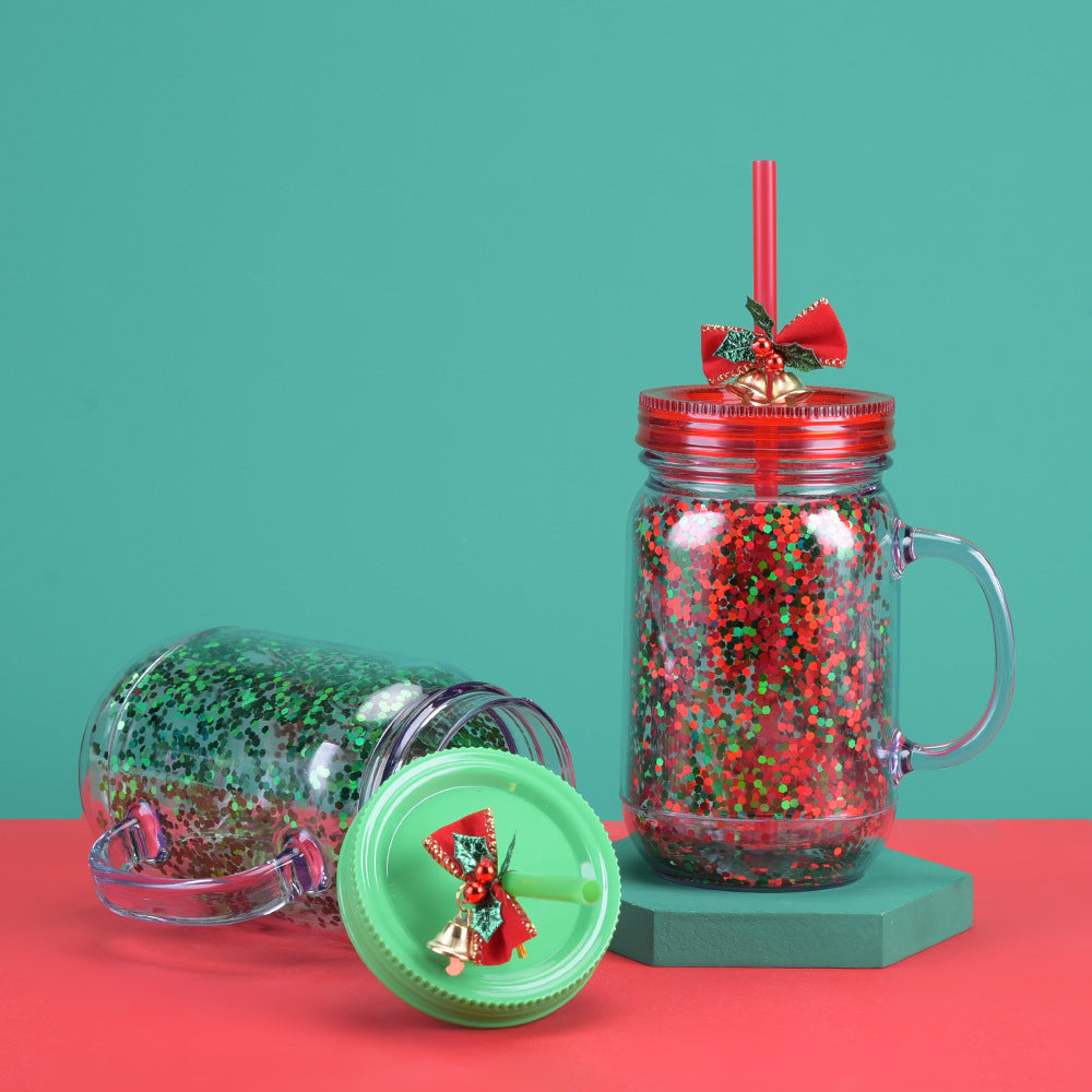 Wholesale  Glitter Plastic Canned Cup with Handle Double Layer Plastic Mason Cup